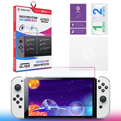 Oniverse Protector de pantalla Switch OLED - Cristal templado anti luz azul compatible con Nintendo Switch - Película protectora para la pantalla - Resistente y anti arañazos