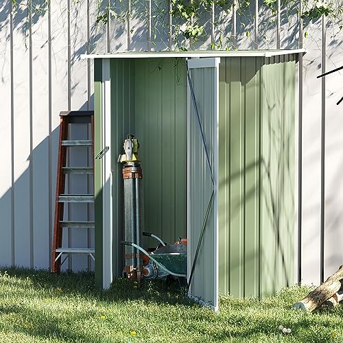 Outsunny Caseta de Jardín 1,07 m² 142x84x189 cm Cobertizo Exterior Metálico con Puerta Cerradura y Orificios de Drenaje para Almacenamiento de Herramientas Verde Claro