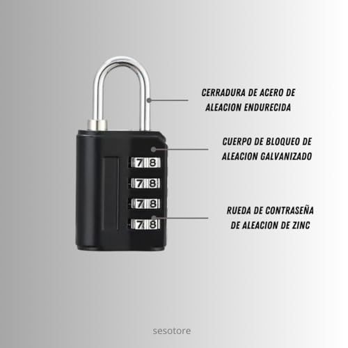 (Pack 4) candado combinacion. candado taquilla, candado seguridad 4 digitos, candado numerico con clave de seguridad, candado taquilla gimnasio, candado maleta viaje. colores: (negro,plata,azul,rojo)