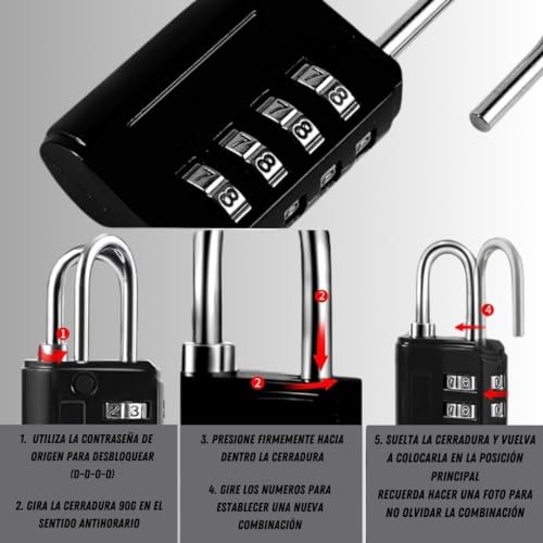 (Pack 4) candado combinacion. candado taquilla, candado seguridad 4 digitos, candado numerico con clave de seguridad, candado taquilla gimnasio, candado maleta viaje. colores: (negro,plata,azul,rojo)