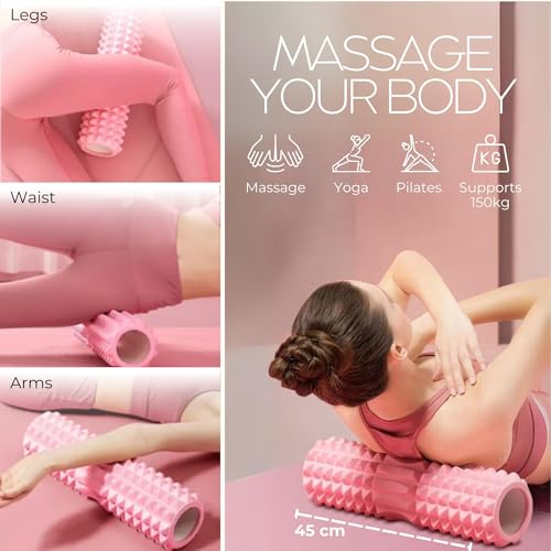 Pack Rodillo, Pelota y Barra Masajeadora. Rodillo de Espuma para Terapia, Masaje Muscular, Pilates y Yoga. Fitness Foam Roller. Cilindro de gomaespuma para alivio de dolores y entrenamiento 45cm