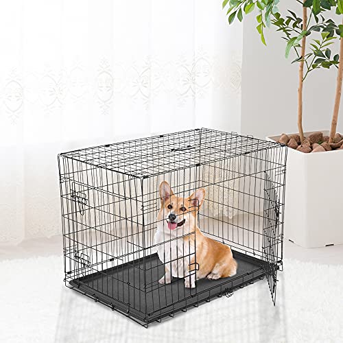 PawHut Transportín de Perro de 2 Puertas Jaula de Alambre para Perros Plegable con Asa Acero 76x46x52 cm Negro