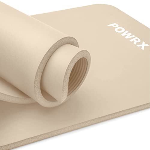 POWRX Colchoneta Fitness Antideslizante - Esterilla deporte ideal para Yoga, Pilates y Gimnasia - Extra Suave - Ecológica con Cinta para Transporte y Funda + Poster (190 x 60 x 1,5 cm, Beige)