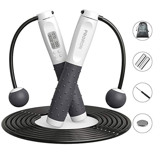 PROIRON Comba De Saltar, Cuerda Saltar ​Con Contado Comba De Crossfit Alta Velocidad Sin Cable Cuerda Para Saltar Longitud & Ponderada Ajustable, Para Casa, Al Aire Libre,Hombres, Mujeres(Gris)