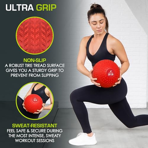 ProsourceFit Slam - Balones medicinales, Agarre Suave y Texturizado, Peso Muerto para Crossfit, Fuerza y acondicionamiento, Entrenamientos cardiovasculares y Abdomen, Color Rojo, 25 Libras