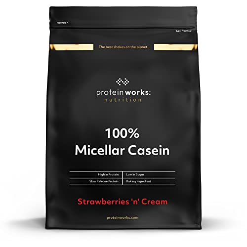 Protein Works| 100% Caseína Micelar | Sabor fresas con nata, 1 kg | Proteína de liberación lenta para antes de dormir