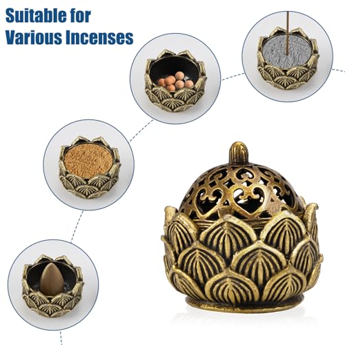 Quemadores de Incienso, 2 Piezas Bronce Soporte Incienso Loto Quemador de Incienso de Loto Vintage de Metal Mini Porta Incienso Loto para Decoración Oficina, Yoga, Meditación, SPA, Aromaterapia,4cm