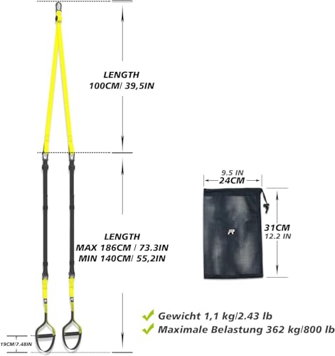 RHINOSPORT Juego de Entrenamiento de suspensión con Anclaje para Puerta Ajustable para Gimnasia en casa Adecuado Amarillo