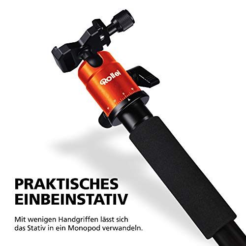 Rollei Compact Traveler No I Aluminio I Naranja I Trípode de Viaje Ligero I Trípode fotográfico de tamaño Compacto I Rótula de Bola y Bolsa para trípode