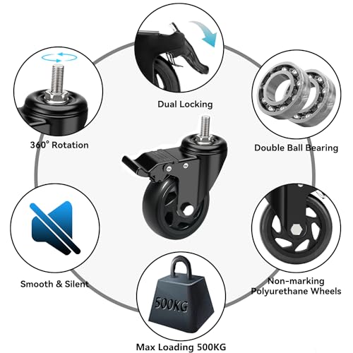 RRIUTO Ruedas para Muebles 100MM con Freno, Ruedas Giratorias con Perno M10x30, Ruedas Pivotantes 360 Grado que No Dejan Marcas, 4 Ruedas Transporte de Doble Rodamiento Capacidad 500KG