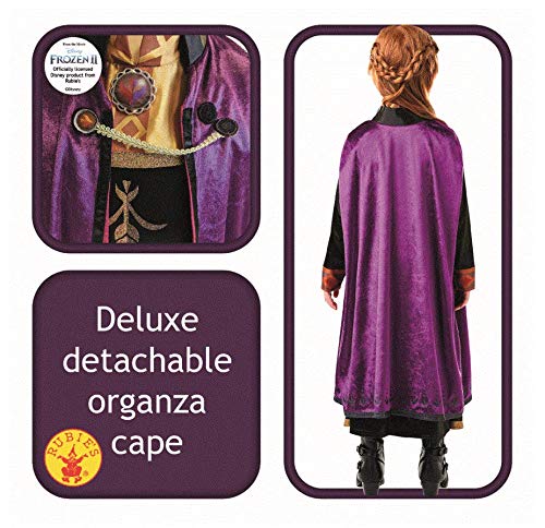 Rubies Disfraz Anna Deluxe Frozen 2 para niña, Vestido en satín de Lujo Oficial de Anna de Frozen en color violeta, negro, cobre y dorado, y capa con detalles en purpurina
