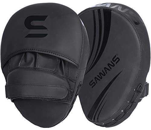 SAWANS® Almohadillas de enfoque para boxeo, guantes de cuero para kickboxing, artes marciales, artes marciales, entrenamiento de Muay Thai (negro mate)
