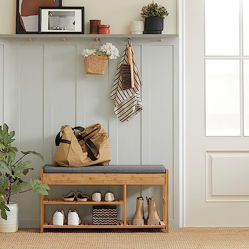 SoBuy FSR47-N,ES Banco de Almacenamiento con cajón y cojín,Zapatero,L90 cm x H45 cm (Bambú)