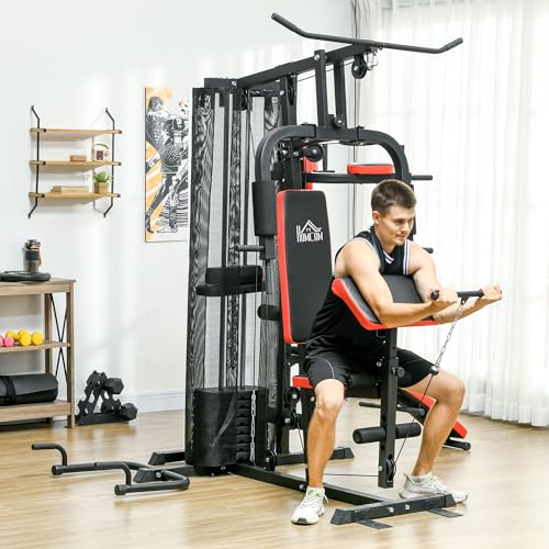 SPORTNOW Máquina de Multiestación Ajustable Multiestación de Musculación con Placas de Peso de 45 kg Carga MAX. 110 kg para Entrenamiento Fitness en Hogar Gimnasio 225x175x200 cm Negro
