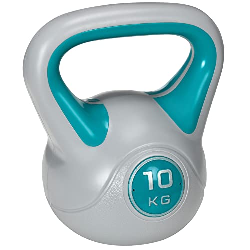 SPORTNOW Pesa Rusa 10 kg Kettlebell Revestimiento de PU y Relleno de Arena Mango Ancho para Entrenamiento Culturismo en Casa Gimnasio 22x16x26 cm Azul y Gris
