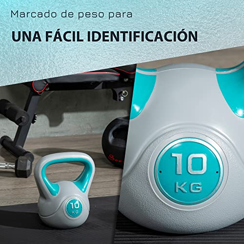 SPORTNOW Pesa Rusa 10 kg Kettlebell Revestimiento de PU y Relleno de Arena Mango Ancho para Entrenamiento Culturismo en Casa Gimnasio 22x16x26 cm Azul y Gris