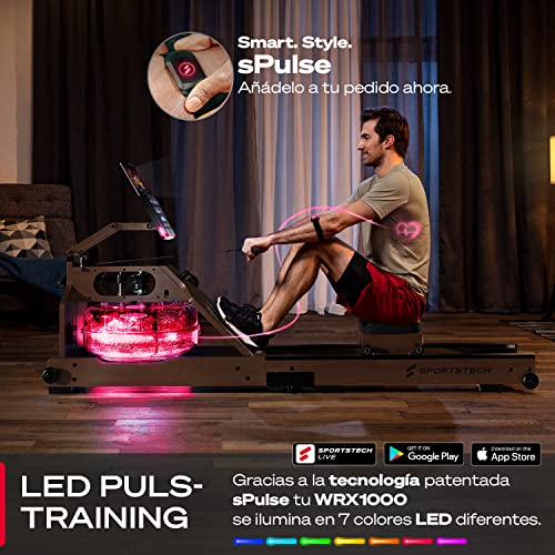 Sportstech - WRX1000 Agua Maquina de Remo, Premium Maquina de Remo para Casa, Plegable Maquina Remo con Tecnología Pulse Depósito de Agua LED de 7 Zonas y Pantalla LCD