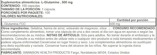 Swanson L-Glutamina 500mg - Suplemento para Recuperación Muscular y Salud Intestinal - 100 Cápsulas
