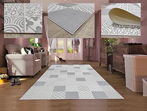 Tadi & Imperio1979 Alfombra Vinílica hidráulica de Baldosas para salón y Colores Gris Plata sobre Fondo Marfil para Cocina, para Pasillo, Baño o Dormitorios - Moqueta Vinilo, ALH04PLATA