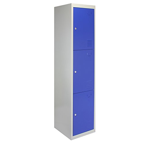 Taquilla Metálica para Montar con 3 Puertas Azules 45x38x180cm con Estantes llaves Imanes Portatarjetas Nombre Número Armario Casillero Metalico Blue Metal Locker Escuela Gimnasio Vestuario y Oficina