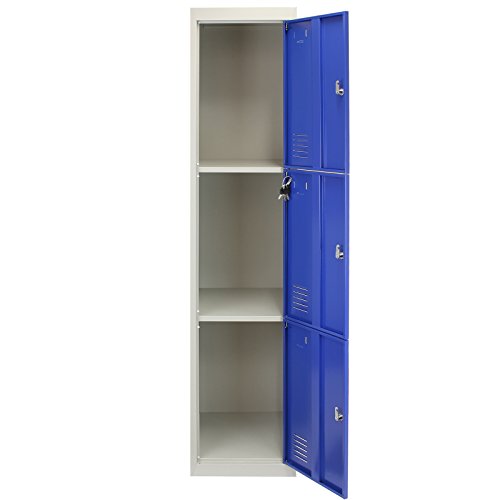 Taquilla Metálica para Montar con 3 Puertas Azules 45x38x180cm con Estantes llaves Imanes Portatarjetas Nombre Número Armario Casillero Metalico Blue Metal Locker Escuela Gimnasio Vestuario y Oficina