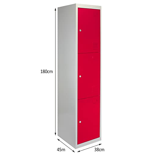 Taquilla Metálica para Montar con 3 Puertas Rojas 45x38x180cm con Estantes llaves Imanes Portatarjetas Nombre Número Casillero Armario Rojo Metalico Red Metal Locker Escuela Gimnasio Vestuario Oficina