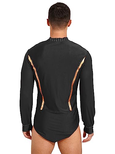 TiaoBug Leotardo de Danza Latina Tango Rumba Patinaje para Hombres Maillot Brillo Manga Larga de Gimnasia Fitness Práctica Bodysuit Monos Cuello en V V Negro M