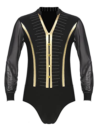 TiaoBug Leotardo de Danza Latina Tango Rumba Patinaje para Hombres Maillot Brillo Manga Larga de Gimnasia Fitness Práctica Bodysuit Monos Cuello en V V Negro M