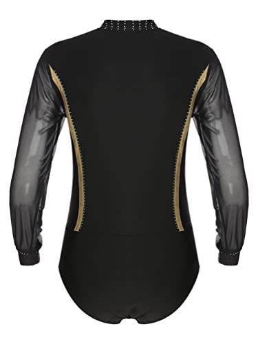 TiaoBug Leotardo de Danza Latina Tango Rumba Patinaje para Hombres Maillot Brillo Manga Larga de Gimnasia Fitness Práctica Bodysuit Monos Cuello en V V Negro M