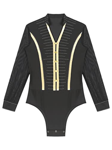 TiaoBug Leotardo de Danza Latina Tango Rumba Patinaje para Hombres Maillot Brillo Manga Larga de Gimnasia Fitness Práctica Bodysuit Monos Cuello en V V Negro M