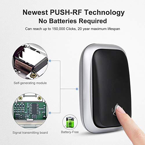 Timbre Inalámbrico sin Pilas, PDGROW Timbres Inalámbricos Impermeable Autoalimentado, 150M de Alcance, con 4 Niveles de Volumen, 38 Melodías, Indicadores LED(2 Receptor y 1 Transmisor - Negro)