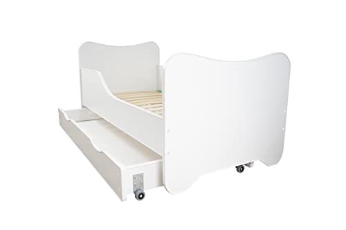 Topbeds Cama Infantil Happy Kitty con cajón 160x80 cm, Blanca, con colchón de Espuma, armazón de Madera de Haya, construcción Robusta, Segura, Lados elevados, cómoda, Bordes Redondeados