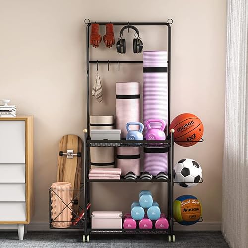 Treesunshine Soporte de pesas, estante de almacenamiento para esteras de yoga, multifuncional, con ruedas y ganchos, organizador de equipo de entrenamiento para rollo de espuma, cinturón de yoga