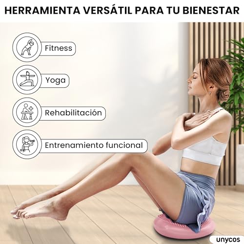 unycos - Cojín de Equilibrio y Yoga Antideslizante de 34 cm con Bombín de Aire, Propioceptivo e Hinchable, Soporte Lumbar, Semi Esfera para Fitness, Pilates y Rehabilitación (Rosa Claro)