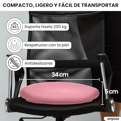 unycos - Cojín de Equilibrio y Yoga Antideslizante de 34 cm con Bombín de Aire, Propioceptivo e Hinchable, Soporte Lumbar, Semi Esfera para Fitness, Pilates y Rehabilitación (Rosa Claro)