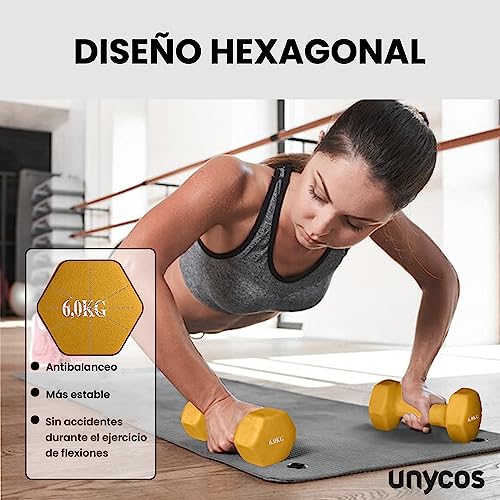 unycos - Par de Mancuernas y Pesas Antideslizantes de Neopreno, Disponibles de 1kg a 10kg con Diseño Anti-Rodadura, Ergonómicas, Entrenamiento de Fuerza/Fitness (Hexagonales, Amarillo 6 kg)