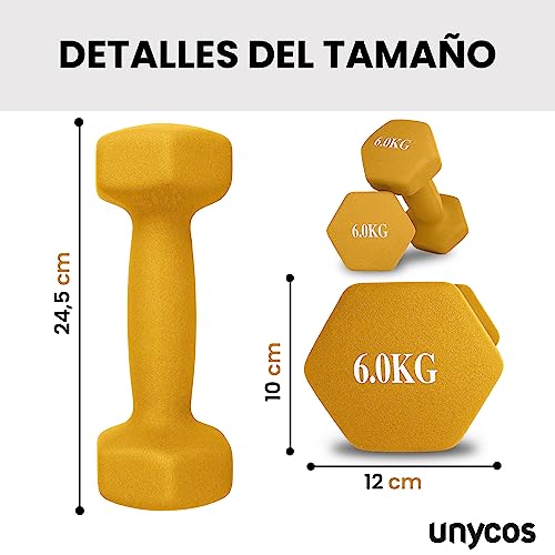 unycos - Par de Mancuernas y Pesas Antideslizantes de Neopreno, Disponibles de 1kg a 10kg con Diseño Anti-Rodadura, Ergonómicas, Entrenamiento de Fuerza/Fitness (Hexagonales, Amarillo 6 kg)