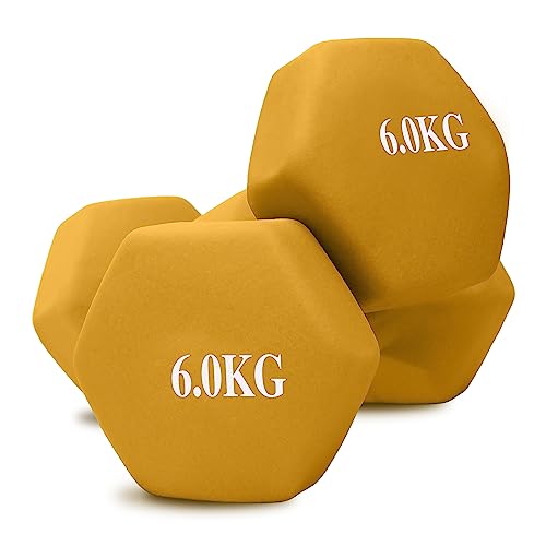 unycos - Par de Mancuernas y Pesas Antideslizantes de Neopreno, Disponibles de 1kg a 10kg con Diseño Anti-Rodadura, Ergonómicas, Entrenamiento de Fuerza/Fitness (Hexagonales, Amarillo 6 kg)