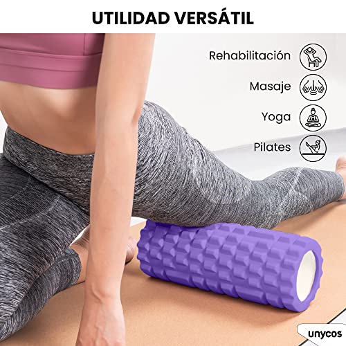 unycos - Rodillo para Masajes Musculares, Cilindro de Gomaespuma para Fitness, Terapia con Foam Roller Ultraligero, Herramienta de Automasaje para Mayor Recuperación y Flexibilidad (Morado)