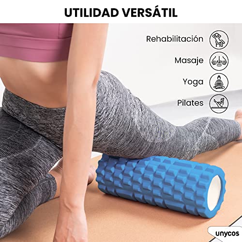 unycos - Rodillo para Masajes Musculares, Cilindro de Gomaespuma para Fitness, Terapia con Foam Roller Ultraligero, Herramienta de Automasaje para Mayor Recuperación y Flexibilidad (Azul Claro)