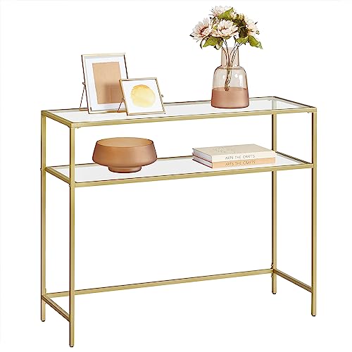 VASAGLE Mesa de Consola, Mesa de Entrada, Extremo del SofÁ, Tablero de Vidrio Templado, Marco de Metal, Patas Ajustables, para SalÓn, Entrada, Pasillo, Dorado y Transparente LGT025A01