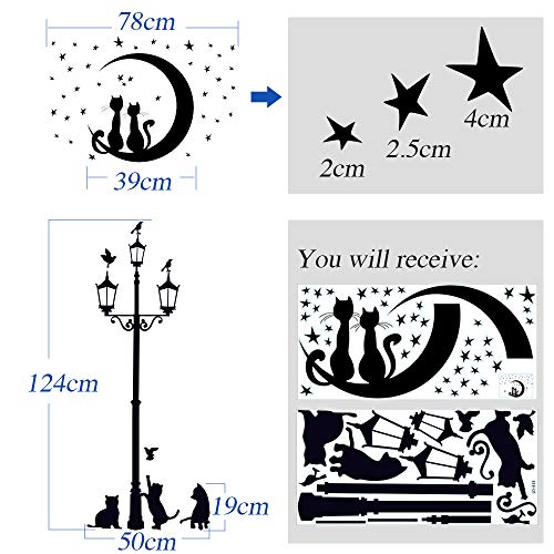VINFUTUR 2pcs Pegatinas Pared Decorativas Autoadhesivas Pegatinas Pared de Farola y Gatos Negro Vinilos Pared Decorativos Wall Stickers para Decoración Hogar Dormitorio Oficina Hotel