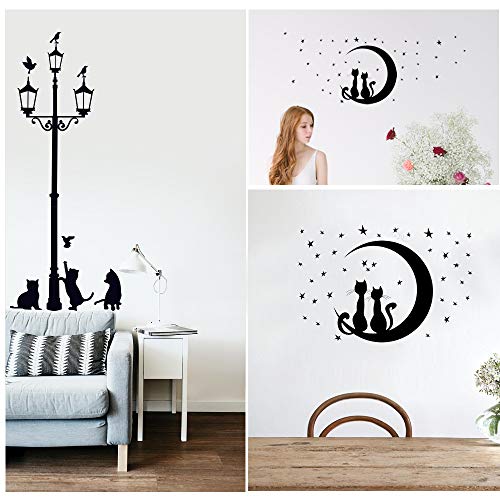 VINFUTUR 2pcs Pegatinas Pared Decorativas Autoadhesivas Pegatinas Pared de Farola y Gatos Negro Vinilos Pared Decorativos Wall Stickers para Decoración Hogar Dormitorio Oficina Hotel