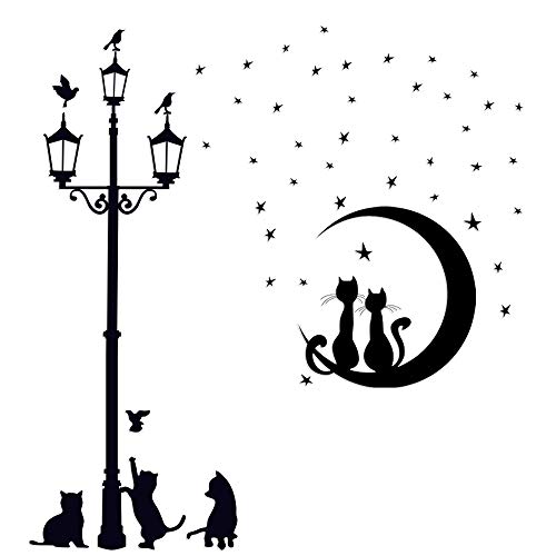 VINFUTUR 2pcs Pegatinas Pared Decorativas Autoadhesivas Pegatinas Pared de Farola y Gatos Negro Vinilos Pared Decorativos Wall Stickers para Decoración Hogar Dormitorio Oficina Hotel