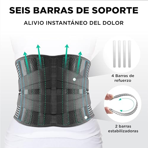 Vitalbak Faja Lumbar para Hombre y Mujer - Faja Lumbar Trabajo Transpirable - Estabiliza y ofrece Apoyo con 6 varillas de soporte - Cinturón Lumbar con Doble Ajuste - Gratis Bolsa de Transporte