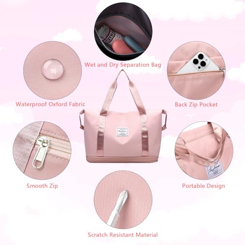 Wasarmir Bolsa de Viaje Plegable, Bolsa Deporte Impermeable con Bolsa Húmeda, Expandible Bolsas de Viaje Mujer Fin de Semana, Ligera Bolsa Gimnasio Bolsa de Mano para Deporte, Vacaciones, Rosa