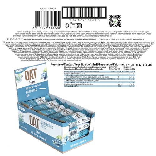 Weider Nutrition OAT BAR, Barrita de Avena sin Aceite de Palma, Sabor Arándanoo, 20 x 60 g