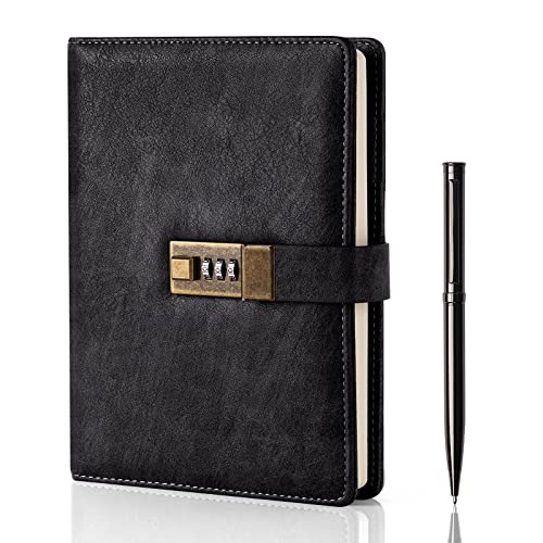 WEMATE Diario con cerradura, A5 de piel sintética con cerradura, 240 páginas, diario vintage con cerradura con bolígrafo y caja de regalo, diario con cerradura para mujeres y hombres, 240 x 5,8