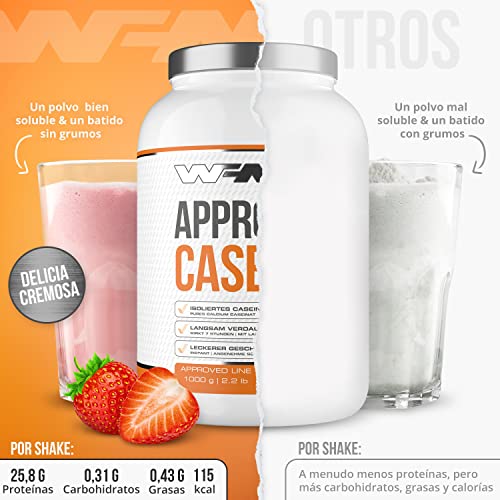 WFN Approved Casein - Fresa - 1 kg - Proteína de caseína con lactasa - Proteína cremosa en polvo - Muy soluble - 33 porciones - Fabricado en Alemania - Probado en laboratorio externo