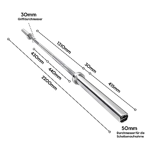 wuuhoo® barra de pesas Dirk 220cm barra olímpica 50mm hasta 250 KG, peso propio de 20 KG, barra cromada plateada con mango moleteado, levantamiento de pesas - equipamiento de fitness para el hogar